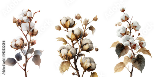 Cotton plant branches with fluffy bolls, a beautiful botanical watercolor illustration capturing the softness and organic essence of natural fibers on a white background