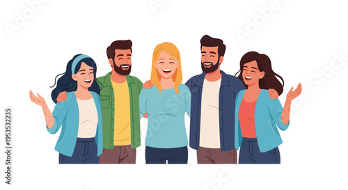 A colorful illustration of a diverse group of five people standing together, celebrating International Day of Happiness with joyful expressions and gestures