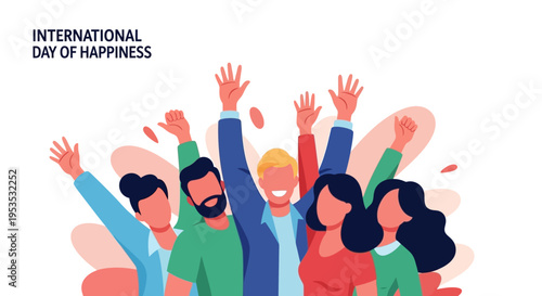 A colorful illustration of a diverse group of people celebrating International Day of Happiness with raised hands and joyful expressions on their faces