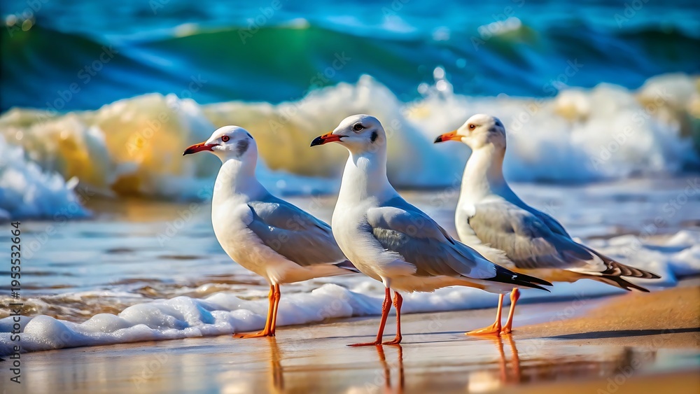 Fototapeta premium Three Seagulls on a Beach with Blue Water and Foamy Waves birds ocean