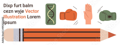 Science education, creativity, conflict resolution, genetics, teamwork, academic learning. Includes a DNA strand, boxing gloves a raised hand and a pencil. Science education and creativity