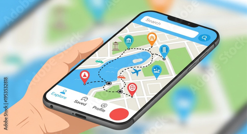 Hand holding smartphone displaying a map with various location markers.