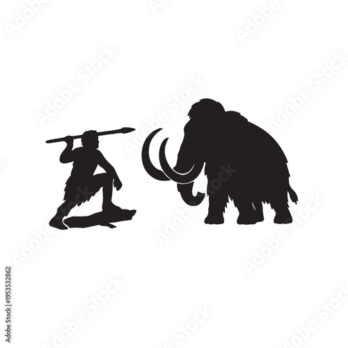 A black silhouette illustration depicting a prehistoric caveman hunting a giant woolly mammoth Vector