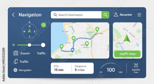 Car Navigation System Interface with Map and Controls.