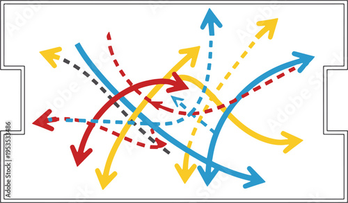 A conceptual illustration featuring a chaotic mix of colorful solid and dashed directional arrows