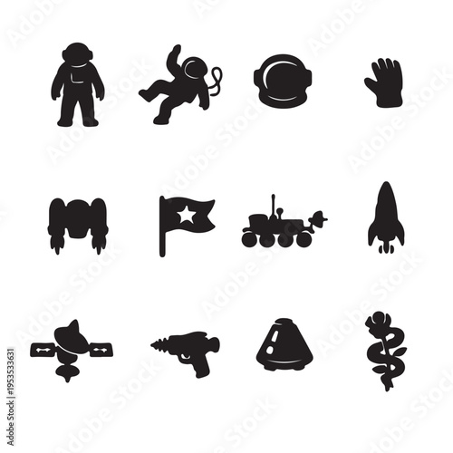 A collection of twelve simple black silhouette icons representing space exploration and science Vector