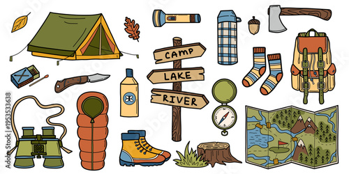 Camping and outdoor gear doodle vintage collection. Tent, map, socks, hiking boots, sign, binocular, compass, backpack hand drawn vector illustrations set.