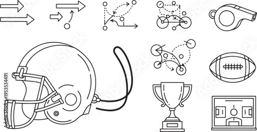 A collection of black and white line art icons depicting various american football game elements