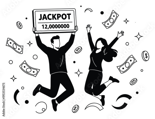 Happy couple celebrating a huge lottery win with a giant jackpot sign and flying money around them isolated illustration