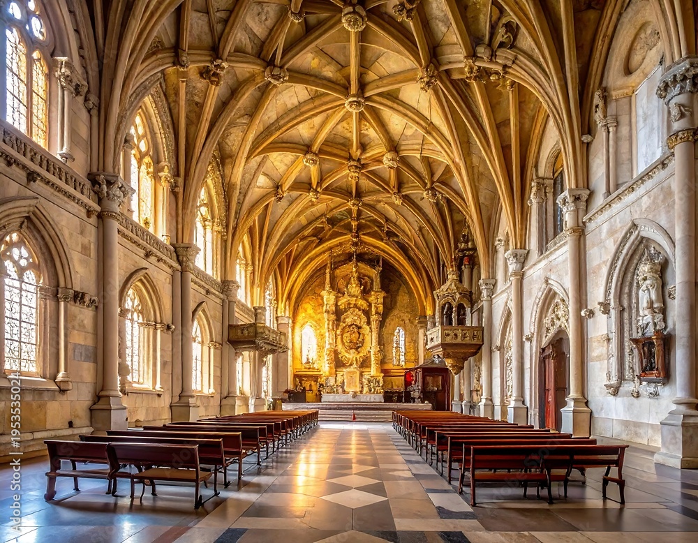 Fototapeta premium Interior church shot. Light streams through arched windows and carved details