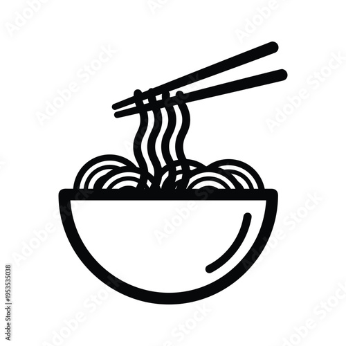 Simple Line Art Icon of Noodles in a Bowl with Chopsticks
