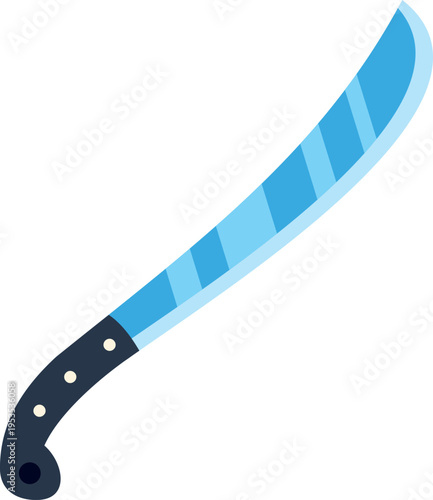 Minimalist illustration of a striped blue machete with a curved blade and black handle