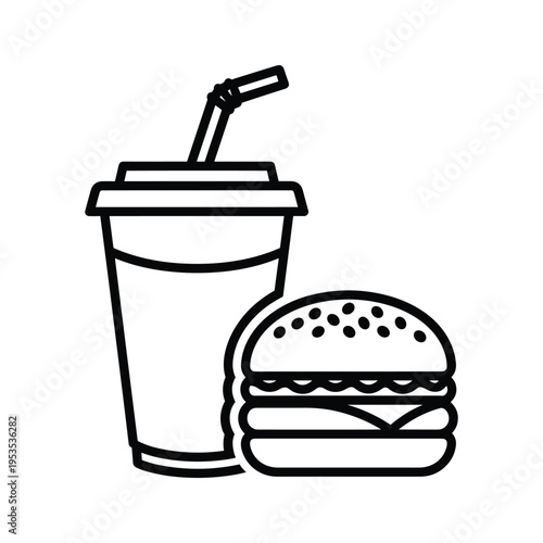 Burger and Drink Icon: Fast Food Meal, Simple Outline Design