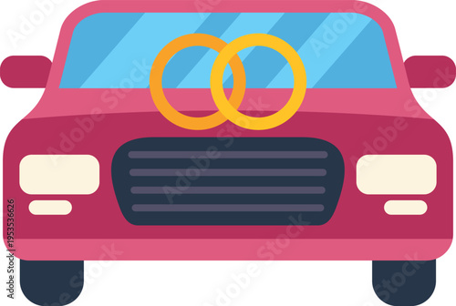 Elegant red wedding car with intertwined golden rings symbolizing love and union