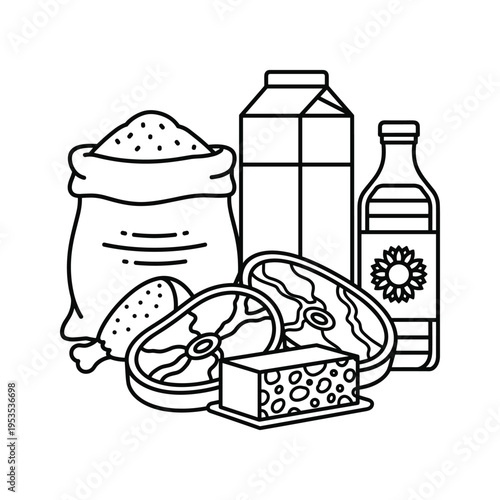 Groceries Icon Set: Meat, Dairy, Grains, Oil, Milk Carton, Chicken
