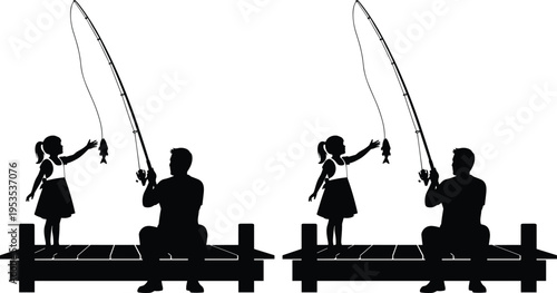 Father daughter fishing silhouette illustration, family bonding outdoor activity, black white artwork, dockside leisure design, peaceful nature concept, parent child connection graphic