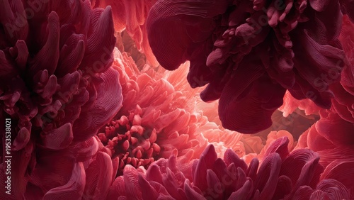 Abstract close-up of vibrant red and pink floral textures, creating an organic, immersive, and visually rich background.