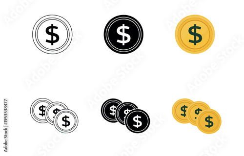 Coin icons symbolizing money currency finance wealth savings economy and financial transaction graphics