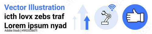 Business growth, technology adoption, automation trends, digital communication, smart systems, innovative processes. Arrows, robot arm thumbs-up icon. Business growth and technology adoption