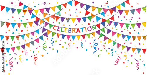 Decorative background featuring colorful buntings, garlands, and confetti intended for celebrations. Colorful party decorations with streamers and bunting isolated on transparent background