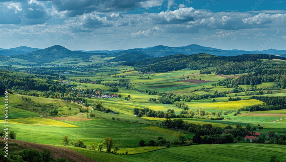 Fototapeta premium Rolling green hills under a dramatic cloudy sky in the countryside.