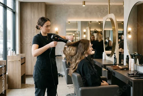 Obraz Hairdresser styling young woman's hair with blow dryer and brush in modern beauty salon