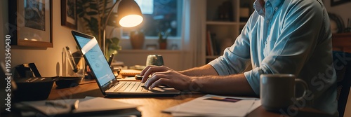 Dedicated male student or professional working from home on a laptop in a quiet, warmly lit room at night