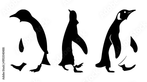 Penguin walking silhouette set with contrasting black outline against white background featuring penguin, walking, silhouette, wildlife with minimalism and illustration