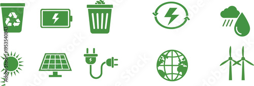 Scattered green outline icons representing ecological topics like electric charge, sun, recycling bins, and wind farm turbines.