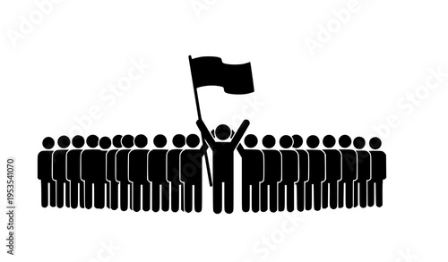 Minimal Line of People Silhouette Vector with Flag for Unity, Teamwork, and Leadership