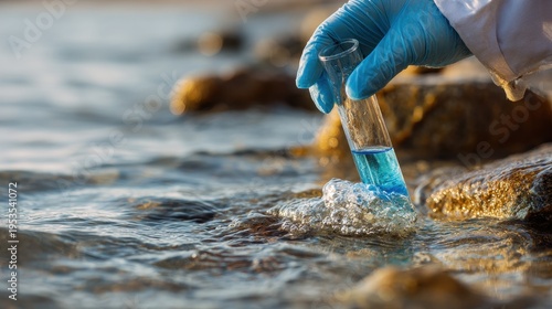 Scientist collects water sample from a river during research project in natural environment
