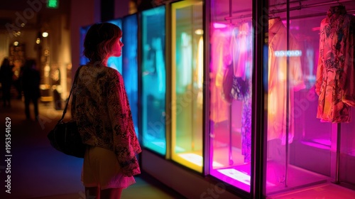 Woman looks at colorful clothing displays in a store during the evening in an urban area