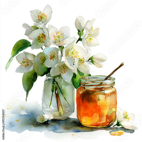Flowers and honey displayed together on a table during springtime in a bright setting