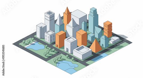 Isometric Cityscape Illustration: Modern Buildings, Parks, and Roads