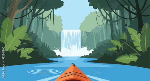 Kayaking towards a rainforest waterfall, jungle adventure, serene river journey