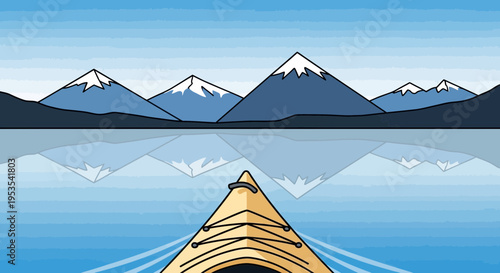 Kayaking towards snow-capped mountains reflection on calm lake, flat design
