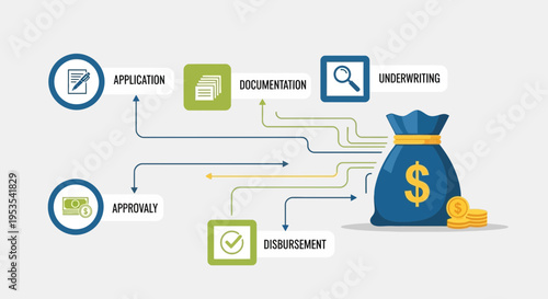 Loan Process Flowchart: Application, Documentation, Underwriting, Approval, Disbursement, Money Bag