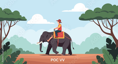 Man riding elephant through jungle landscape, flat design illustration