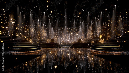 Grand Stage with Golden Lights and Reflective Floor.
