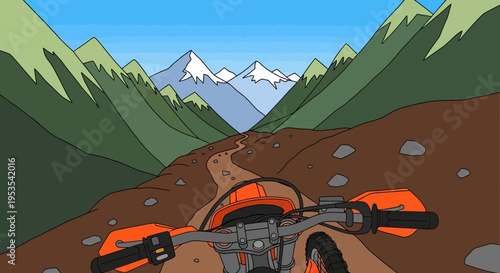 Riding dirt bike on mountain trail, POV, adventure travel, extreme sports