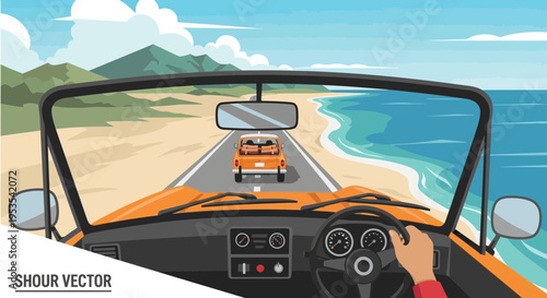 Road trip to beach in vintage convertible car, ocean view, sunny day