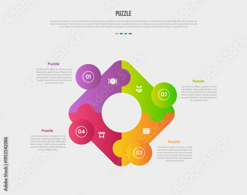Puzzle or jigsaw base shape infographics gradient template diagram with rhombus shape with circle badge sticky side on circular cycle with 4 point step creative