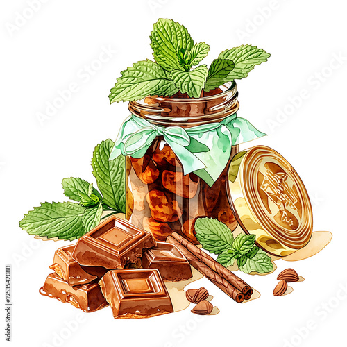 Homemade chocolate jar with mint leaves and cinnamon sticks on a white background