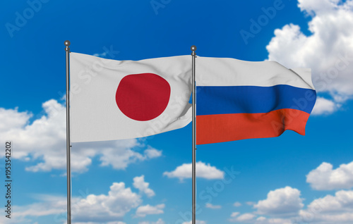Canvas Print Japan and Russia Flags Flying Side by Side - Japanese and Russian National Banne