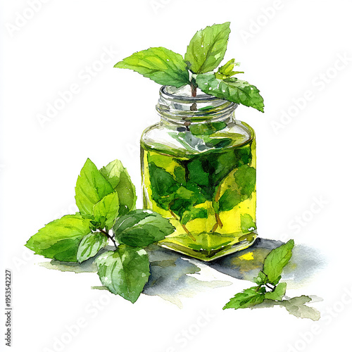 Mint leaves in a jar filled with oil on a plain background with fresh leaves around it