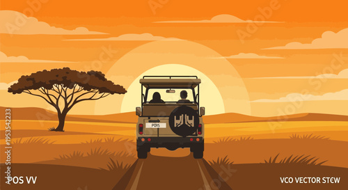 Safari Jeep at Sunset, African Savanna Landscape, Wildlife Adventure