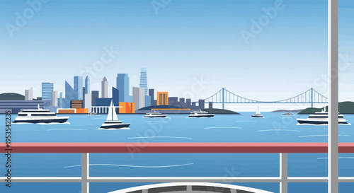 San Francisco Bay Skyline with Boats and Bridge View from Ferry