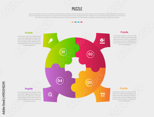 Puzzle or jigsaw base shape infographics gradient template diagram with big circle center with thick outline and spear on each side with 4 point step creative