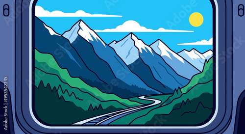 Scenic mountain train journey, view from window, picturesque landscape