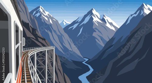 Scenic train journey through majestic snow-capped mountains and deep valley